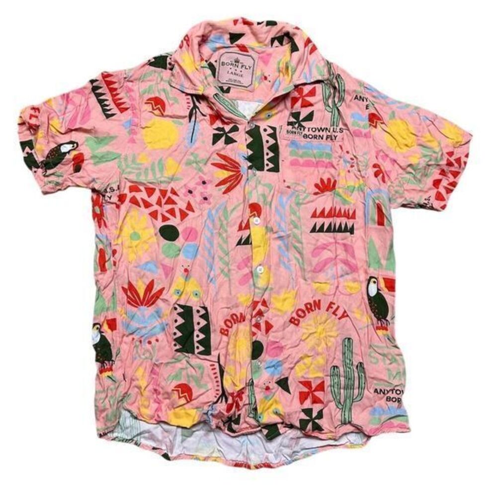 Born Fly Men's Large Hawaiian Shirt Colorful Tropical Short Sleeve‎ Button Down